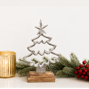 Handcrafted Silver Metal Christmas <b>Tree</b> Sculpture On Sturdy Mango Wood Base Modern <b>Tabletop</b> Holiday Decor For Home And Office - Product Image 2