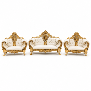 Imperial Palace Asian Wedding Stage Decor Luxury White Gold Royal Wedding Stage <b>Backdrop</b> with Carved Sofa Set & Decorative <b>Frame</b> - Product Image 6