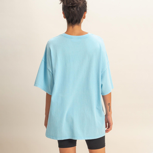 Camiseta Oversize para Mujer al por Mayor, Tallas Grandes, Lavado Ácido, Poliéster/Algodón de Alto Gramaje, Azul Claro, con Logotipo Personalizado, Estilo Vintage Holgado - Product Image 2