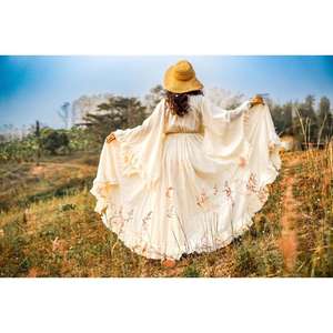 Robe longue maxi bohème pour femmes, robe en coton à manches évasées, avec nœud devant, tenue de festival hippie - Product Image 4