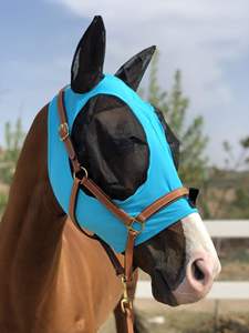 Masque anti-mouches pour chevaux, doux, extensible, protection UV, avec oreilles, couvre-yeux en maille respirante, bleu - Product Image 4