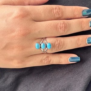 Sleeping Beauty <b>Turquoise</b> <b>Ring</b> Sterling Silver Three Stone Statement Jewelry for Women Handmade - Product Image 4