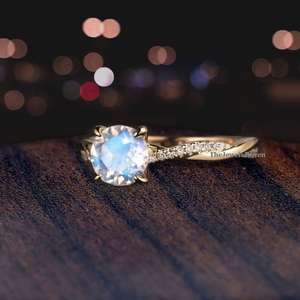 Anillo de compromiso vintage de piedra lunar, anillo infinito, banda cruzada única retorcida, piedra lunar de corte redondo, anillo de oro rosa, aniversario - Product Image 4