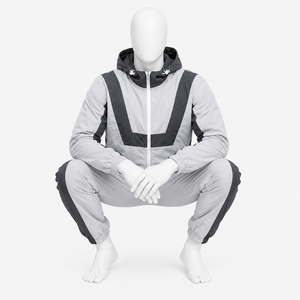 Ensemble de survêtement à capuche pour homme, gris et noir, style sportif avec blocs de couleur, fermeture éclair intégrale, respirant, en polyester, pour l'automne - Product Image 5