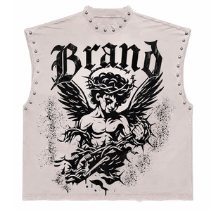 Débardeur Homme Personnalisé Style Punk avec Imprimé Graphique Ange Ailé, Décoration à Rivets, Col Rond, 100% Coton - Product Image 1