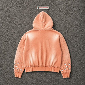 Sweat à capuche de luxe orné de cristaux pêche, veste zippée intégrale vintage effet vieilli, manches surdimensionnées avec strass, style urbain et streetwear - Product Image 6