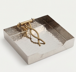 Vintage Hammered Metal <b>Tissue</b> <b>Box</b> With Brass Handle Handmade Decorative <b>Holder</b> For Tablesetting And Kitchenware Use - Product Image 1