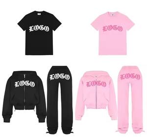 Custom Women's Pink Fleece Hooded Sweatshirt <b>Set</b> With Logo Print Loose Fit Casual Sportswear Jogging Suit Full Length Two Piece - Product Image 3