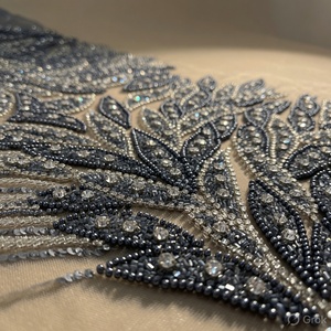 Midnight Charcoal 100% Polyester Jacquard Fabric Leaf Pattern Crystal Embroidered Lace Woven Lightweight 90 GSM Sheer In-Stock - Product Image 3