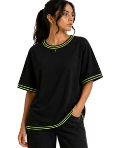 T-shirt oversize noir et vert néon pour femme, col rond décontracté, manches courtes, bordure contrastante, coupe ample, doux et respirant, idéal pour l'été - Product Image 1