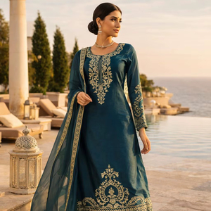 Premium JMC Silk Ethnic Wear For Women Featuring Kurti With Thread Work And Matching Plazzo Plus Designer Dupatta Fully Stitched - Product Image 1