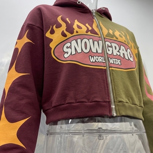 เสื้อฮู้ดโอเวอร์ไซส์ทรงครอปแบบซิป Snow Grace สำหรับทุกเพศ สไตล์สตรีทแวร์ฤดูหนาว ลายพิมพ์เปลวไฟ โลโก้ด้านหน้า ผลิตจากผ้าฝ้าย 80% โพลีเอสเตอร์ 20% เนื้อผ้าเฟรนช์เทอร์รี่ - Product Image 5