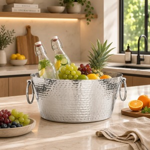 Cubo de hielo de acero inoxidable con soporte y asas de anillo, enfriador de bebidas redondo con bandeja - Product Image 4