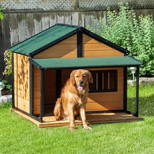 Casa per cani all'aperto in legno giallo con portico e tetto in asfalto per animali domestici di medie e grandi dimensioni mobili per animali domestici - Product Image 2