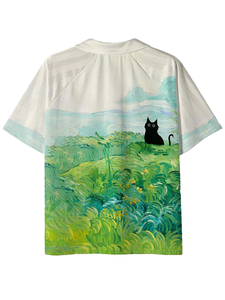 Unisex Short Sleeve Shirt Full Print Black Cat In Green Field Summer Breathable <b>Polyester</b> Turn-down Collar Regular Fit - Product Image 2