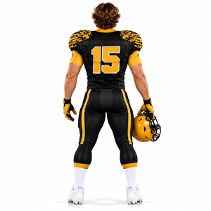 Ensemble d'uniformes de football américain personnalisés noir et or pour hommes, maillot et pantalon de football personnalisés avec casque assorti - Product Image 4
