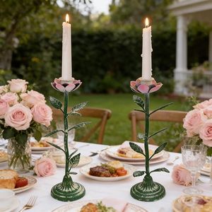 Iron Rose <b>Candlestick</b> Holder Green with <b>Pink</b> Flower Home Decoration Wedding Decor Durable Metal Stand - Product Image 2