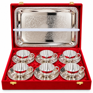Stainless Steel <b>Tea</b> <b>and</b> Coffee Set with Engraved <b>Cups</b> <b>Saucers</b> <b>and</b> Serving Tray in Luxury Gift Box for Wholesale Buyers India - Product Image 1