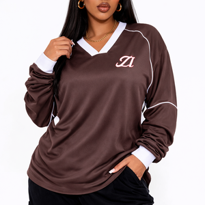 Camiseta de Fútbol Americano para Mujer, Talla Grande, Color Marrón, Malla Transpirable, Manga Larga, Poliéster, Estilo Urbano, Panel en Contraste, Marca Privada - Product Image 2