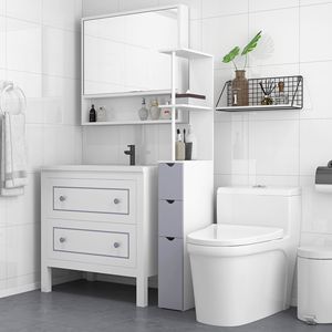 55-Inch <b>Tall</b> White Bathroom Cabinet 2-Tier Freestanding Linen Tower with <b>Drawers</b> Narrow Kitchen <b>Storage</b> Unit - Product Image 2