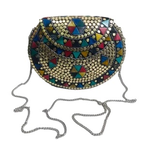 Gold Plated Brass Beaded Clutch <b>Bag</b> With Colorful Enamel Stones And <b>Studs</b> Folk Art Handbag - Product Image 6
