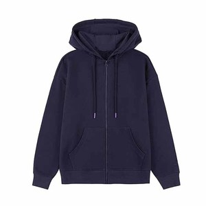 <b>Women's</b> <b>Navy</b> Blue Hooded Zip-Up Sweatshirt Full Sleeve Solid Color Casual Knitted Cotton Autumn Wear - Product Image 1