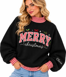 Custom Women’s Oversized <b>Mock</b> Neck Sweatshirt Cotton Gingham Letter Ribbed Breathable Casual Winter Pullover - Product Image 6