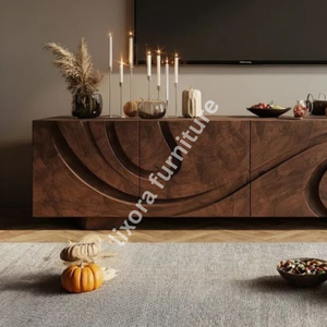 Luxury Handcrafted Solid Wood Media Console Ornate Abstract Wave Carving Walnut <b>TV</b> <b>Stand</b> Credenza - Product Image 2