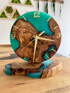 Handmade Olive Wood & Turquoise Epoxy Resin <b>Clock</b>: Unique Desk Decor - Product Image 3