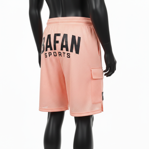 Shorts de sport pour homme en mesh de haute qualité, légers, en polyester, couleur pêche, avec poche latérale et logo thermocollé. - Product Image 5