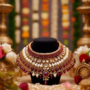 Conjunto de Collar Choker con Perlas de Imitación y Kundan - Joyería Étnica de Cobre con Circones para Fiestas y Bodas - Product Image 3