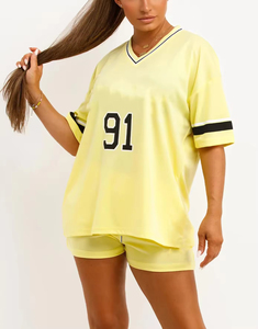 Ensemble de shorts sportifs 2 pièces pour femmes, col en V, manches courtes, coupe ample, imprimé numéro 91, respirant, vêtements de printemps et d'été - Product Image 4