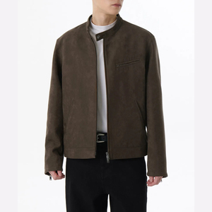 <b>Men's</b> Brown <b>Suede</b> Bomber <b>Jacket</b> Stand Collar Zipper Closure Casual Regular Fit Autumn Wear - Product Image 1