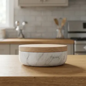 Natural Marble <b>Bowl</b> <b>with</b> Wooden <b>Lid</b> Decorative Storage <b>Bowl</b> Kitchen Serving Container Food Storage <b>Bowl</b> Home Restaurant - Product Image 4