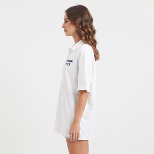 T-shirt polo surdimensionné pour femme, couleur blanche unie, 100% coton, logo personnalisé, décontracté, manches courtes, haut d'été - Product Image 4