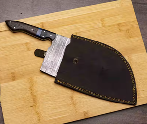Couteau à viande LEGACY BLADES en acier Damas avec manche en bois et étui en cuir, lame forgée de style japonais, ambidextre - Product Image 2