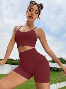 Ensemble de yoga deux pièces sans couture en Spandex/Polyester, respirant, léger, côtelé fin, haut court, haute élasticité, effet ventre plat - Product Image 1