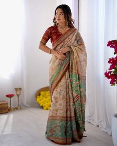 Sari de Lino y Algodón con Estampado Digital, Última Tendencia India, Elegante, Tradicional, Festivo, para Bodas, Verano, Casual, Graduación - Product Image 3