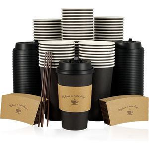 Confezione da 100 Bicchieri da Caffè Neri Monouso da 470 ml con Coperchi e Manicotti, Include Bastoncini per Mescolare, Ideali per Feste ed Eventi - Product Image 1