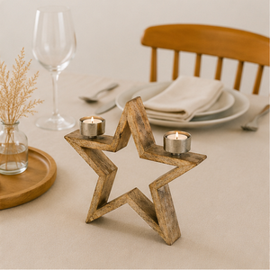 Handmade Natural Mango Wood Star Candle Holder Rustic 2-Light <b>Tea</b> Light <b>Stand</b> For Christmas Table Centerpiece And Festive Home - Product Image 2
