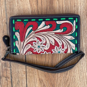 Nueva llegada de cuero tallado a mano tallado embrague muñequera Flor de Color rojo multiusos para mujer multiusos gran oferta billetera - Product Image 2