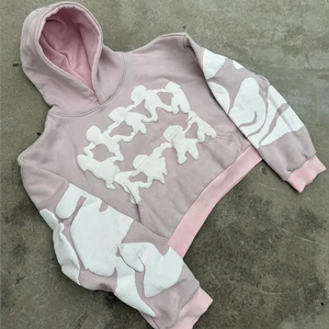 Sudadera con capucha corta rosa claro para hombre, estilo oversize con estampado gráfico, manga larga, tipo pullover, casual, streetwear, a la moda. - Product Image 1