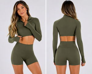 Conjunto Deportivo de 2 Piezas para Mujer, Color Verde Oliva, Parte Delantera Sólida, Top Corto de Manga Larga, Pantalones Cortos de Cintura Alta, Transpirable, Absorbente de Sudor, Ecológico - Product Image 3