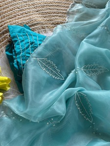 Sari en Soie Organza Pure et Douce, Broderie Traditionnelle Moti, Découpes Artisanales, Infroissable, Anti-humidité, Tenue Traditionnelle Indienne pour - Product Image 2