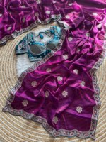 Sari en satin Premium Reglance avec broderie de sequins de 3 mm, bordure lourde, entièrement brodée, entièrement cousue, design traditionnel