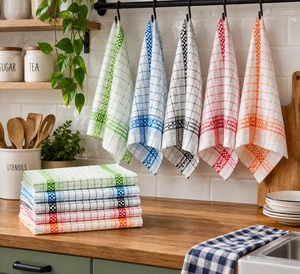 Classic Checkered Cotton Kitchen Towel <b>Set</b> - Eco-Friendly Woven Quick-Dry Square <b>Tea</b> & Dish Cloths <b>for</b> Home & Hospitality - Product Image 2