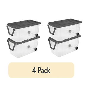 Bacs de rangement empilables à roulettes de 160 litres, extra grands, en plastique transparent avec couvercle à loquet et poignée de traction, lot de 4 - Product Image 1