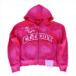 Sudadera con capucha y cremallera personalizada con efecto desgastado y estampado serigrafiado, estilo moderno, calidad premium, con pedrería y estampado serigrafiado, unisex. - Product Image 6