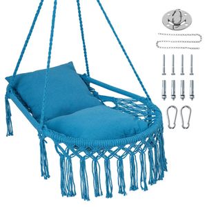 Sedia a dondolo sospesa in macramè blu navy, 2 cuscini imbottiti, capacità 150 kg, amaca in cotone per interni ed esterni, camera da letto, patio, elegante - Product Image 1