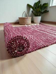 Woven Cotton Burgundy Rectangle <b>Rug</b> with White Stripes and Tassels Foldable for Home & Travel Decor - Product Image 4